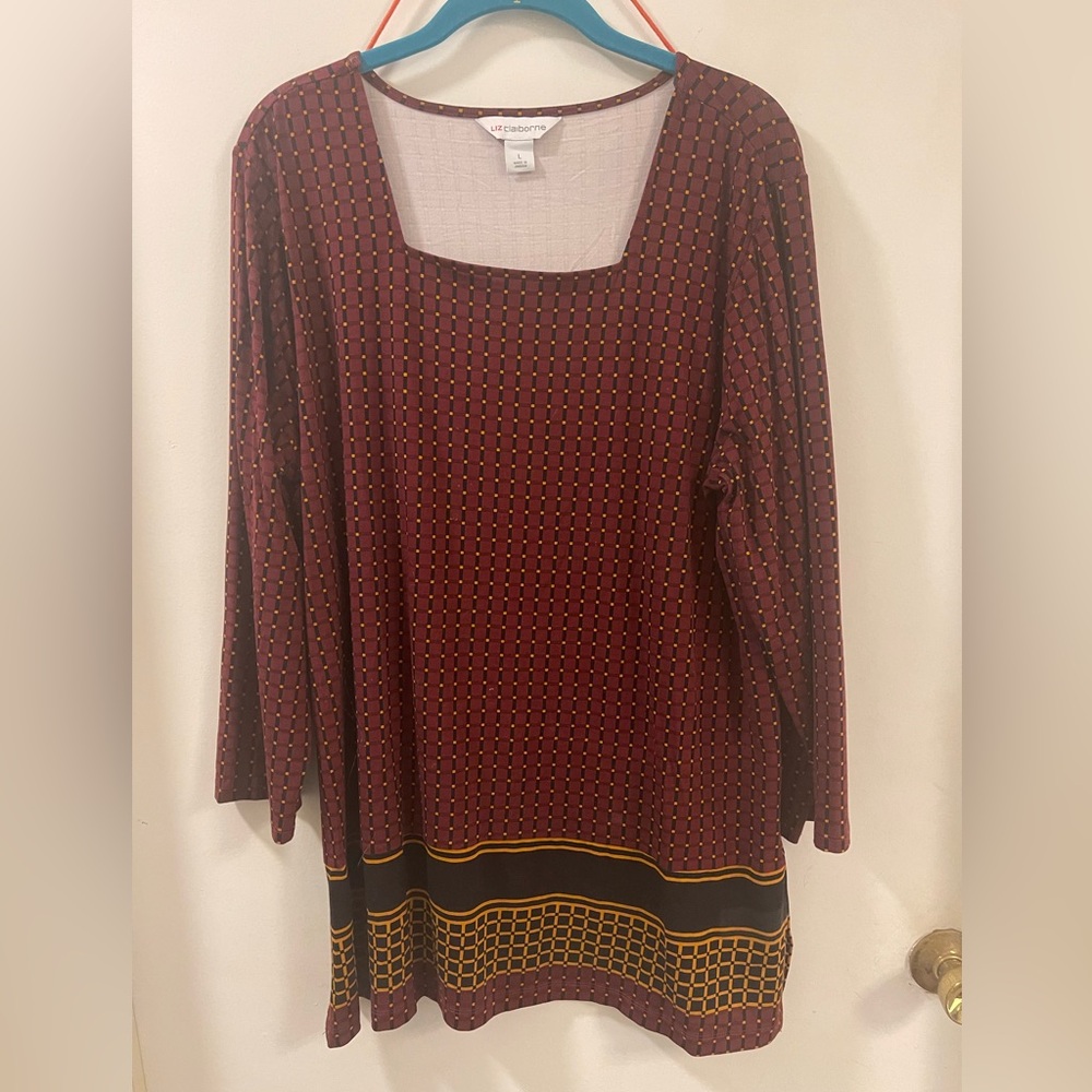 Liz Claiborne Wine, Gold & Black Patterned Women's Top/Tunic